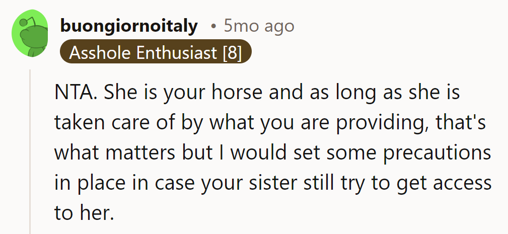 NTA. Reina's her horse, her rules. Time for some 