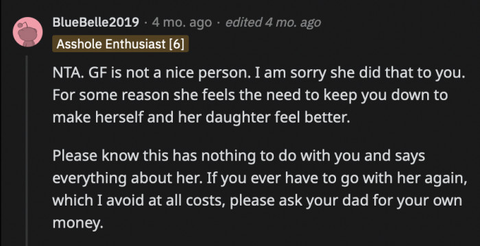 She was so unnecessarily hostile towards OP, the daughter of her boyfriend she lives with, and tried to change the narrative when the truth came out