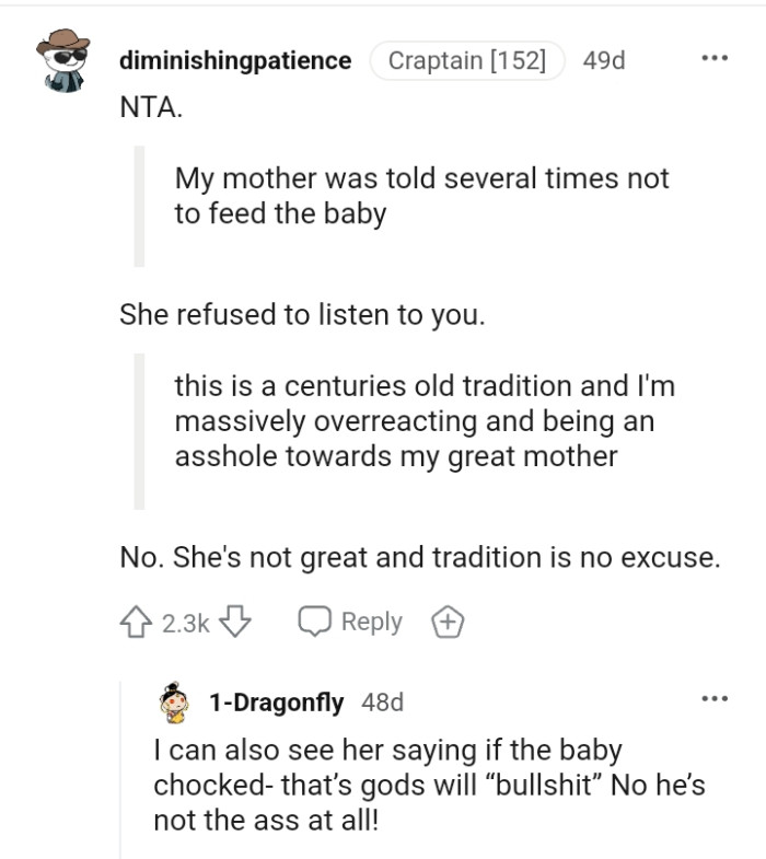 OP's mom is not great, and tradition is no excuse to feed a baby solid food