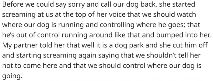 Before they could say they were sorry, she started yelling at them. The fact that it is a dog park didn't interest her much.