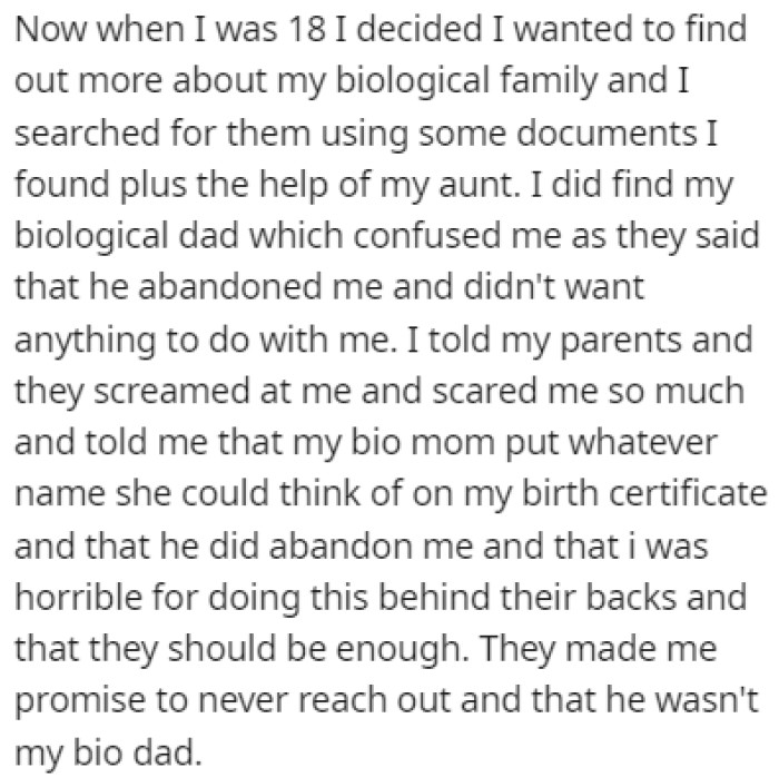 OP decided that she wanted to find more information about her biological family