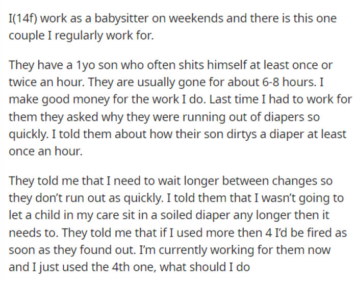 OP's post gives details on the conversation she had with the parents, as well as the new rule they imposed regarding diaper changes.