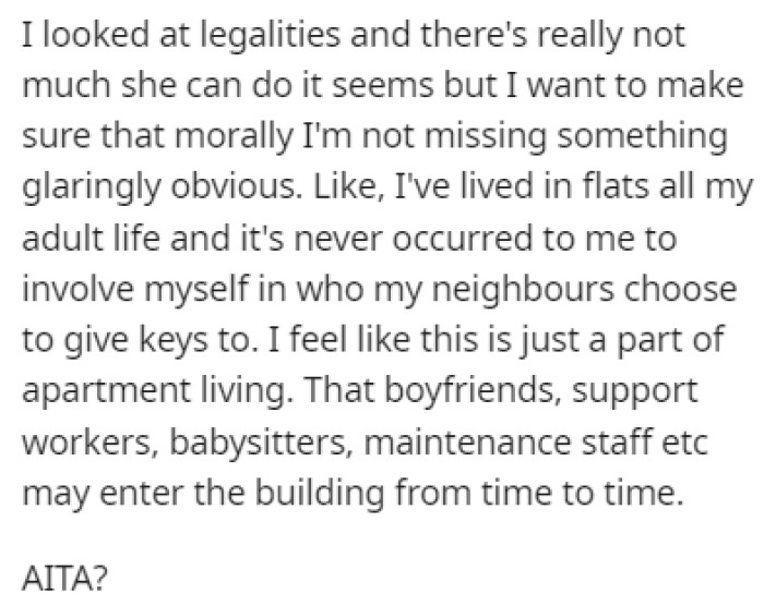 OP looked at the legalities and couldn't find anything that would prevent her from leaving the key for her dog walker