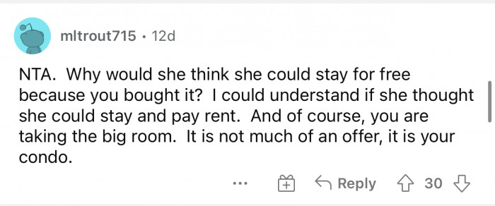 Simply put, it is her condo, which means she has the right to decide everything that has to do with it.