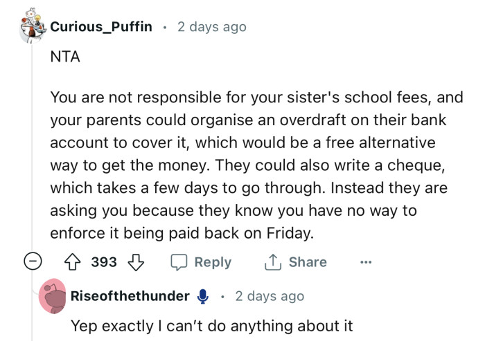 “NTA…You are not responsible for your sister's school fees.”