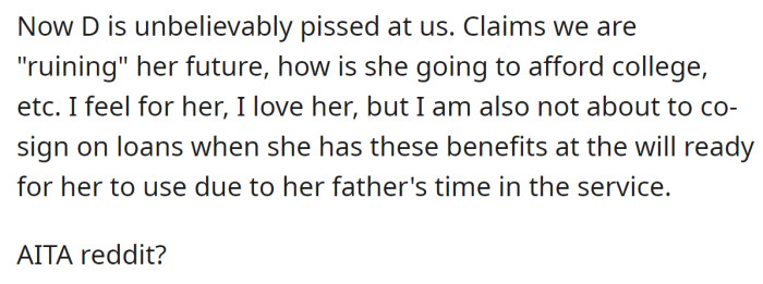 Now, the OP is wondering if she's in the wrong for refusing to co-sign loans: