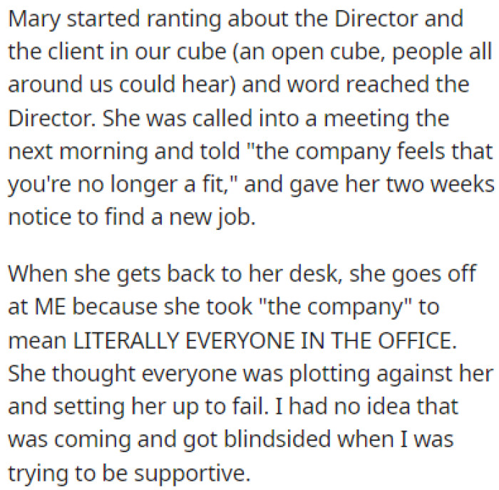 Mary thought the entire office was against her and she went off on OP, too