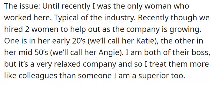 The new colleagues and their mutual relationship.