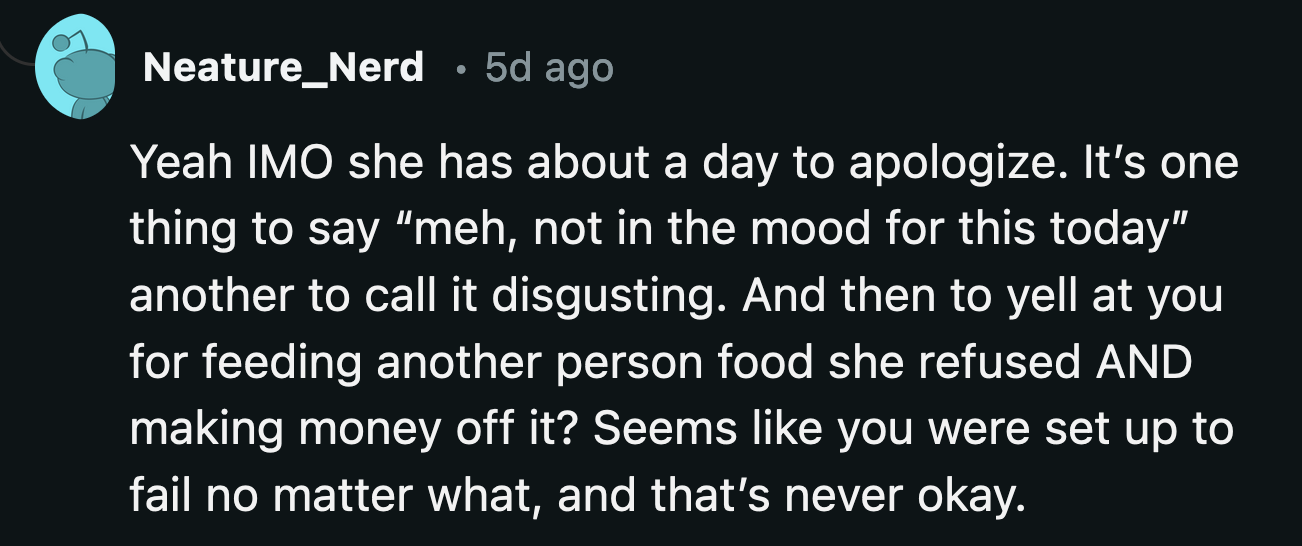 OP Did Nothing Wrong When He Sold the Food. Why Would He Save It for Someone Who Claimed It Was Disgusting?