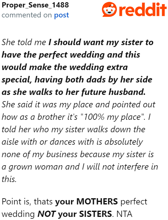 The decision on what makes a perfect wedding is for the OP's sister to make.