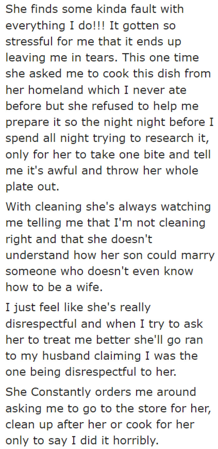 The MIL constantly criticizes the OP while demanding many things.