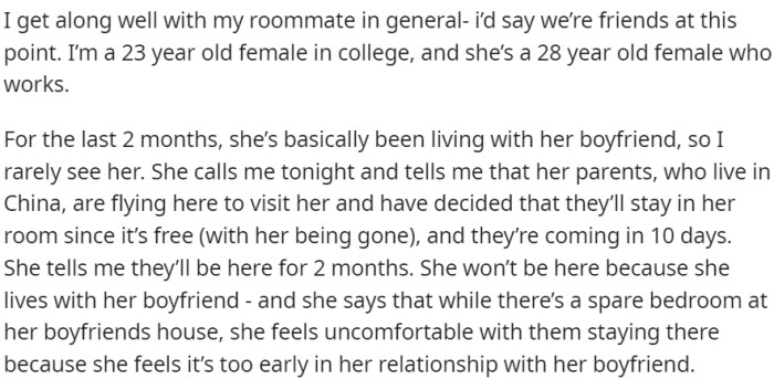 Roommate rarely around, suddenly announces parents' visit, wants them to stay in their shared apartment