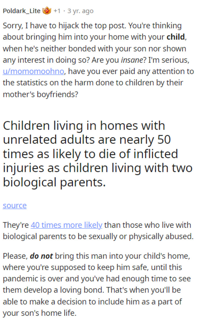 This comment is gold and should be protected at all costs. Ultimately, this is a significant issue that he should want to help her with, but there are clearly some red flags she should consider.