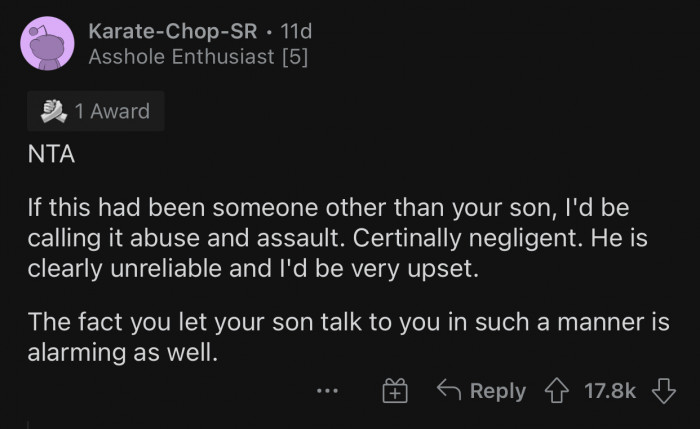 OP should not let her son talk to her in that manner.