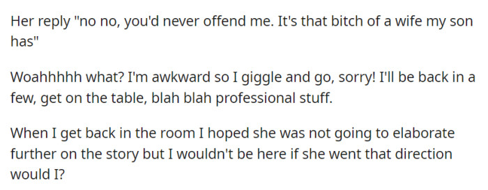 Angela surprised OP by blaming her son's wife, and OP nervously chuckled before returning to the session, bracing for more family drama.