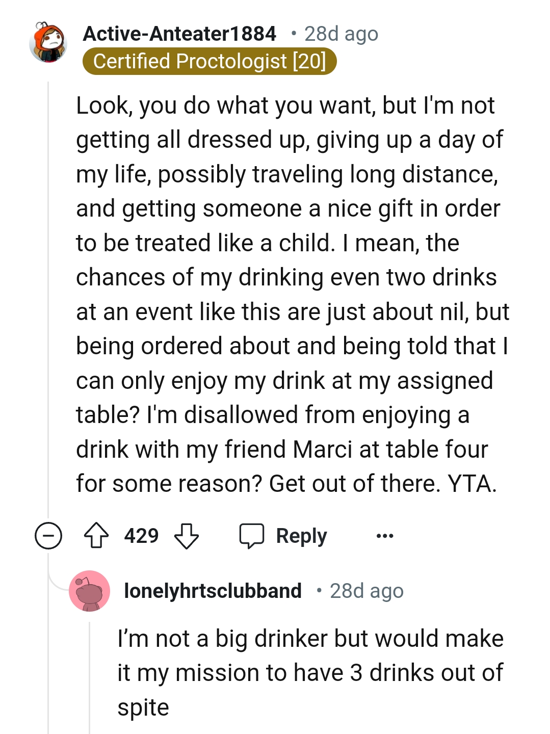 Having two drinks at a wedding