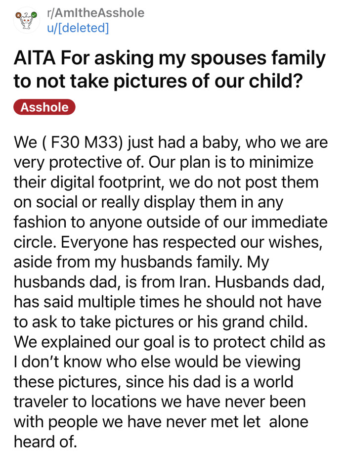 Here's the original post by a Reddit user who later deleted her account: