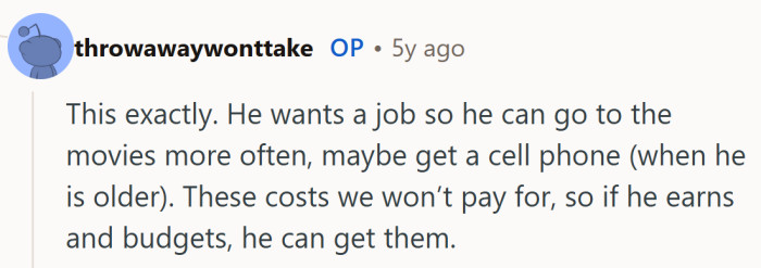 He just wants movie nights and a future phone, and she is fine with that as long as he earns it the old fashioned way.
