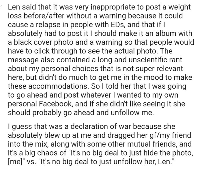 Apparently, Len Feels That the Post Is Inappropriate Because OP Posted Without a Warning. In Her Opinion, This Can Cause a Relapse in People with Eating Disorders