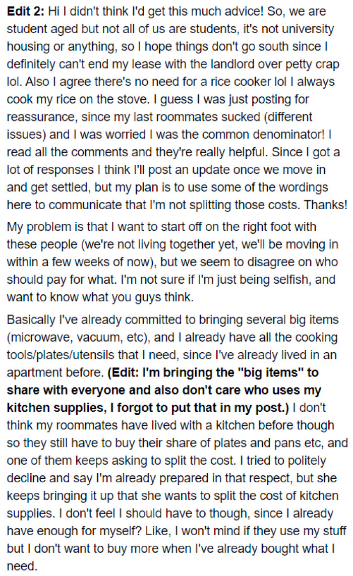 Her roommates want to split the costs for buying some house items.
