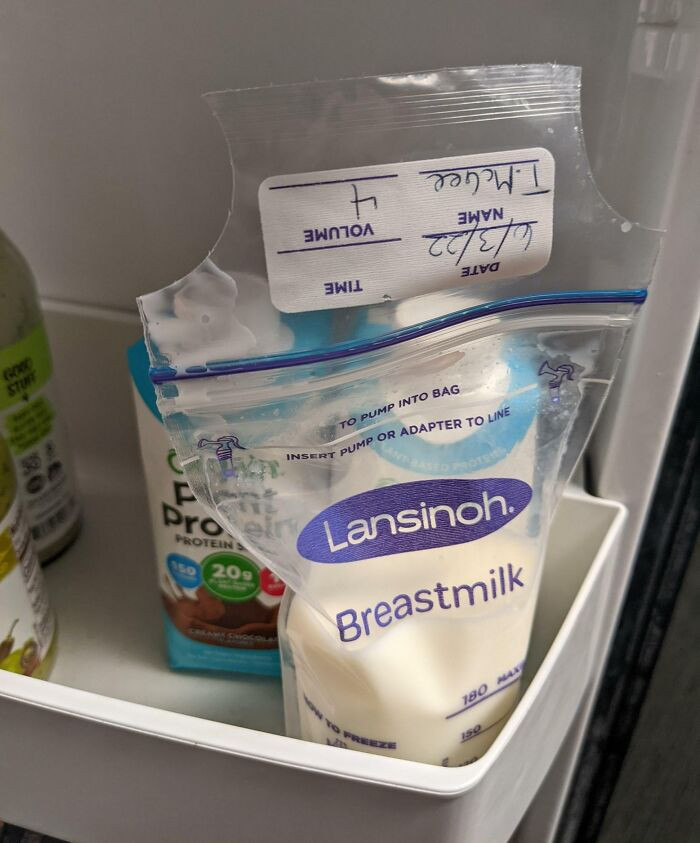 34. My colleague stores his coffee creamer in breast milk bags within the shared refrigerator.