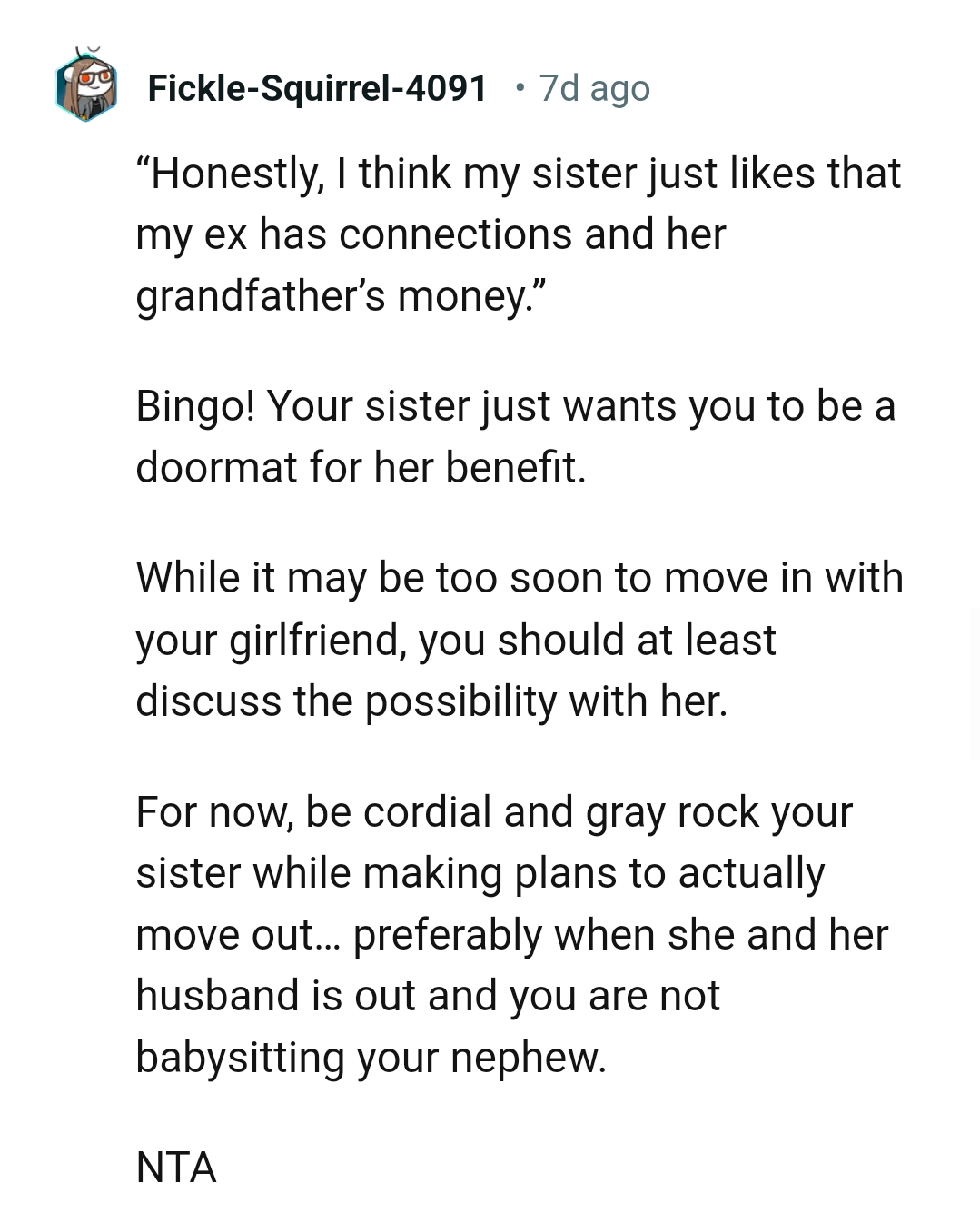 OP's sister just wants him to be a doormat
