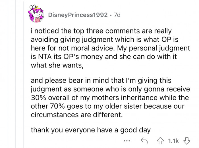 It's OP's money, and she's free to split it however she sees fit.