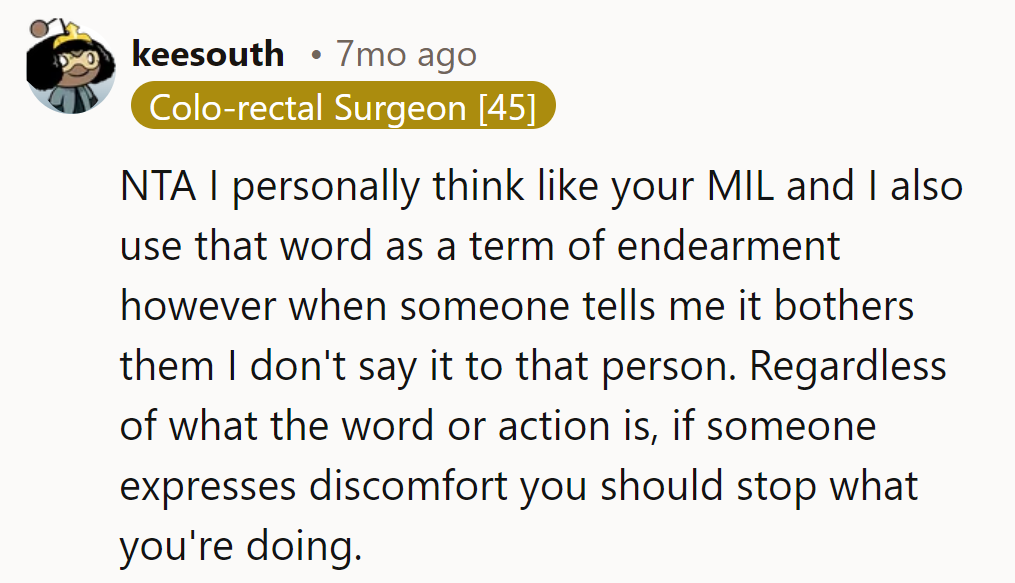 MIL's vocabulary is shared, but unlike her, discomfort is the off switch for her usage.