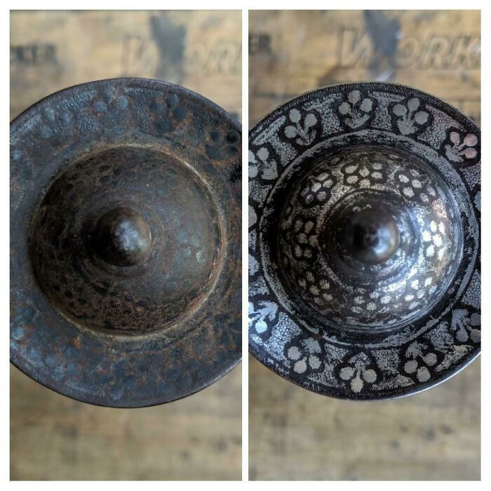 "Before-And-After Cleaning Of A 300-Year-Old Silver-Inlaid Sword Pommel"