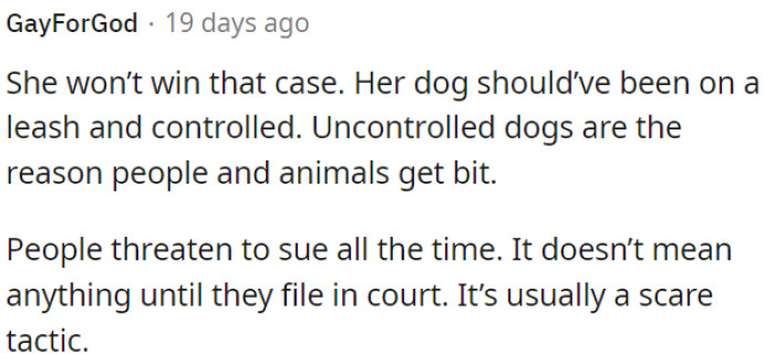 She's Unlikely to Win the Case; Her Dog Should Have Been Leashed and Controlled.