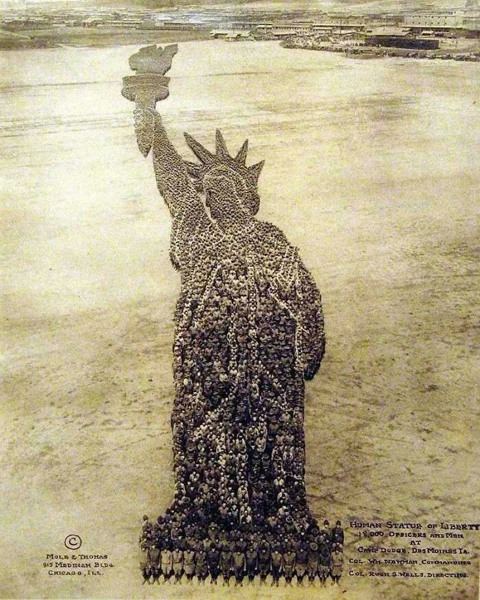 "The Shape Of The Statue Of Liberty Is Formed By 18,000 Soldiers Standing In Formation. Camp Dodge, Des Moines, Iowa, USA. Circa 1918"
