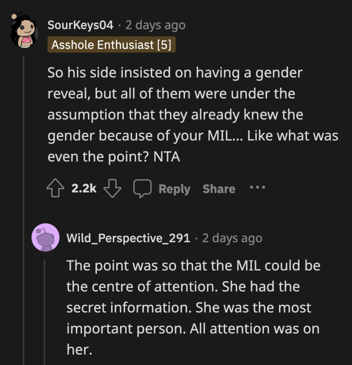 Being in on the secret made the mother-in-law feel special and important. Her feelings were hurt when she was confronted with the fact that she isn't.
