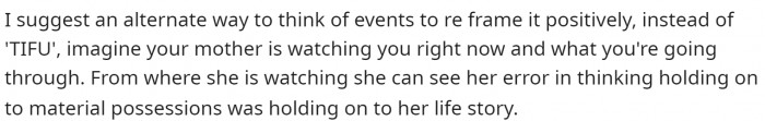This person really had a lot of advice for her to improve her situation. There are a few parts to this comment because it's quite long.