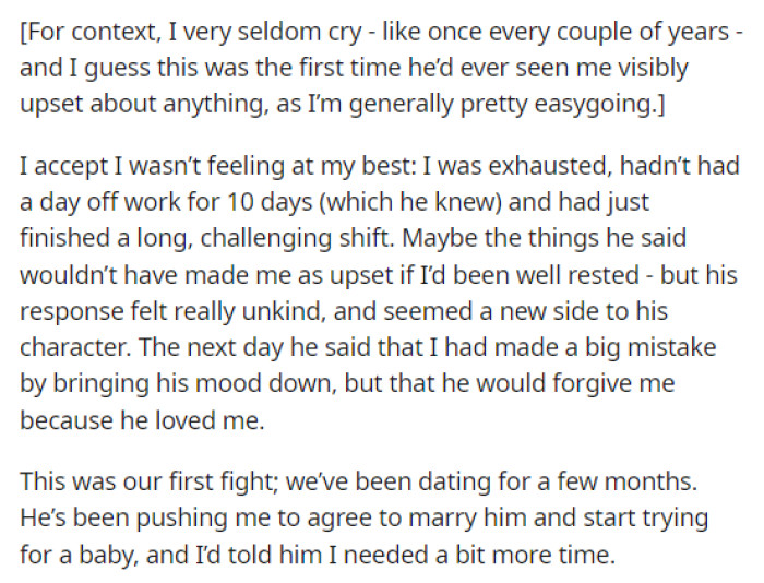 Then she goes into the details of how he reacted when she got upset and how things unfolded as they continued this conversation, which later turned into a fight.
