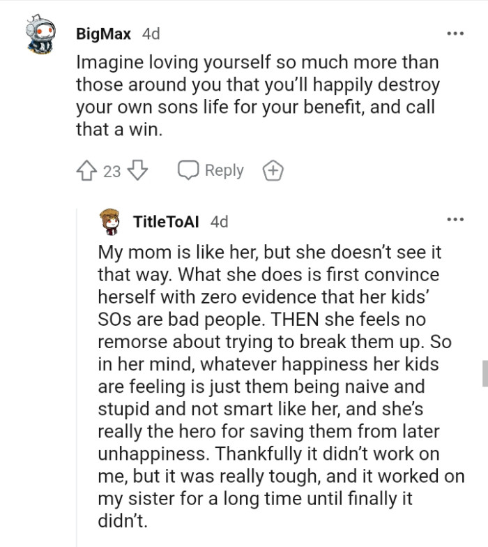 Happily destroying your own son's life for your own benefit