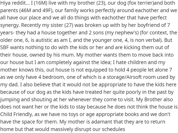 A family living harmoniously together faces a challenge when the sister, who has two children, goes through a breakup.