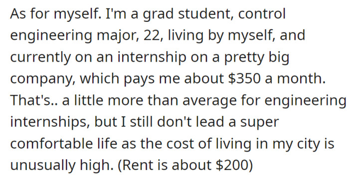 A 22-year-old grad student on a slightly above-average engineering internship income of $350 a month grapples with the unusually high living costs in the city, including a $200 monthly rent.