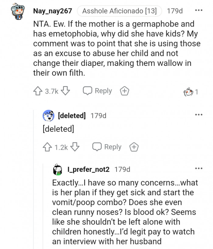 This Redditor believes that the mom is using germaphobia and emetophobia as an excuse to abuse her child