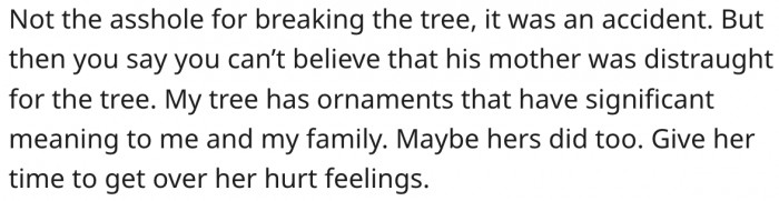 1. The ornaments on the tree may be precious to her boyfriend's mother.