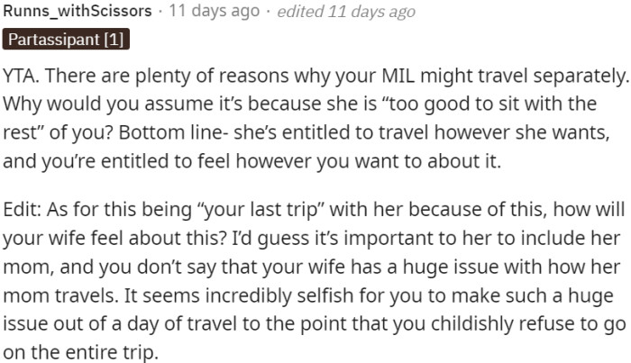 MIL's separate travel is a personal choice