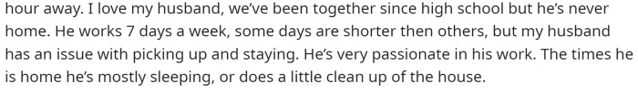 She mentions that he is rarely home and is passionate about his work, but isn't really present when he is home.
