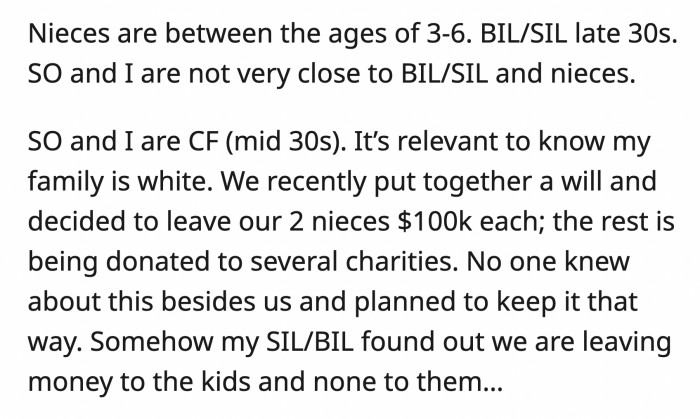 OP loves her nieces, but because of the casual racism, the mother's entitlement, and the threats, she doesn't want to leave anything to her nieces anymore. Would she be an a**hole if she were to pull the inheritance?