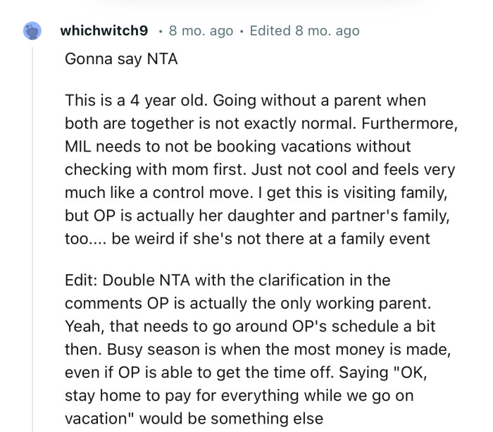 “Gonna say NTA. This is a 4-year-old. Going without a parent when both are together is not exactly normal.”