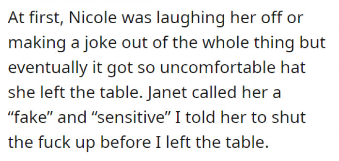 Nicole tried to brush everything off at first, but she reached her limit and walked out. Janet, being the Janet that she is, continued to call her names.