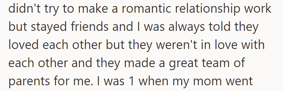 OP's parents co-parented effectively with platonic love despite never pursuing a romantic relationship.