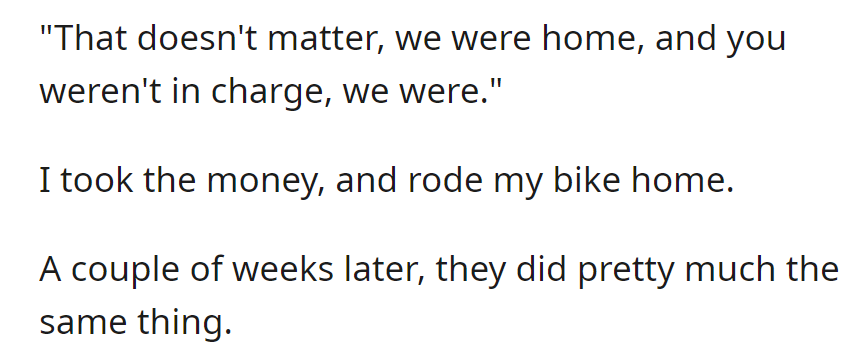Parents dispute sitter's hours, insist they were in charge before they went out. Sitter accepts payment and leaves, but a few weeks later, a similar situation occurs.