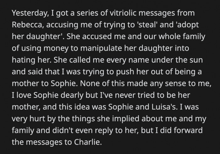OP Was Hurt by Rebecca's Messages but Chose Not to Reply to Her. She Did Forward Them to Charlie.