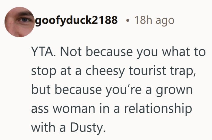 The debate slowly shifted from a roadside attraction to the bigger question of what someone should accept in a partnership.