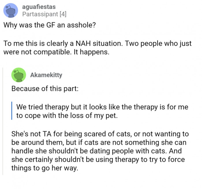 Folks drew their NTA votes because the GF went into couples therapy with the intention to help OP cope with rehoming the cat, not to come up with a compromise