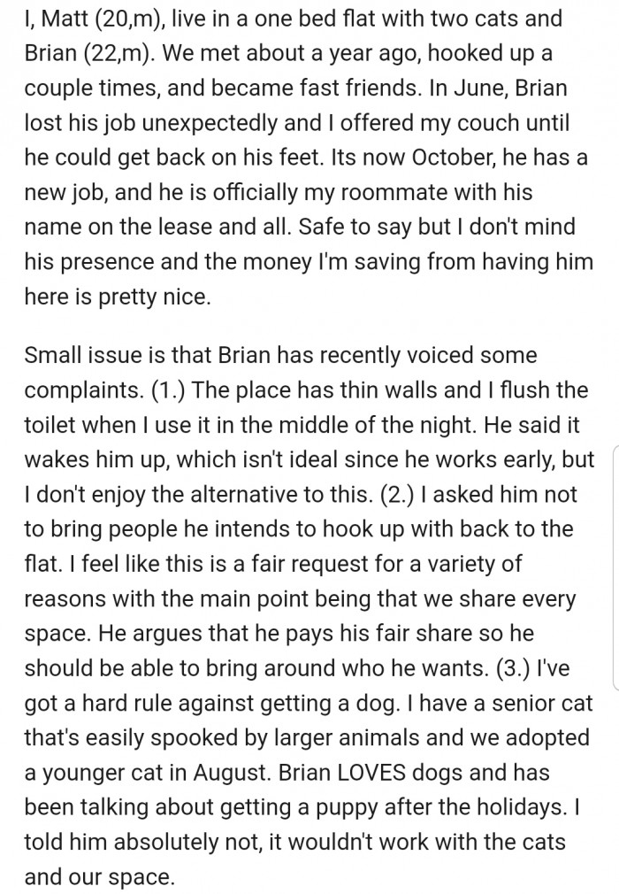 After Brian became OP's official roommate, he decided to voice some complaints